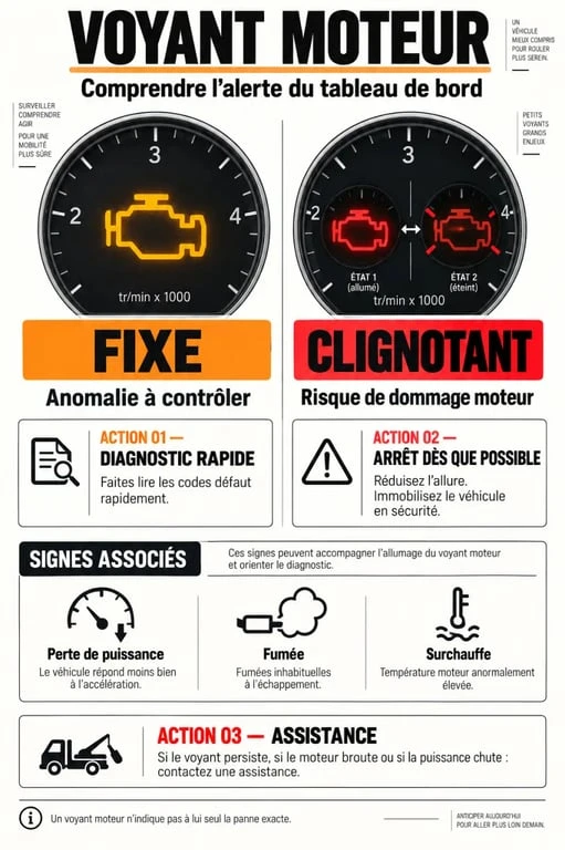 Logo moteur voiture : différence entre voyant fixe et voyant clignotant sur le tableau de bord