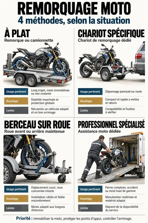 Remorquage moto : comparaison des méthodes de transport à plat, chariot et berceau