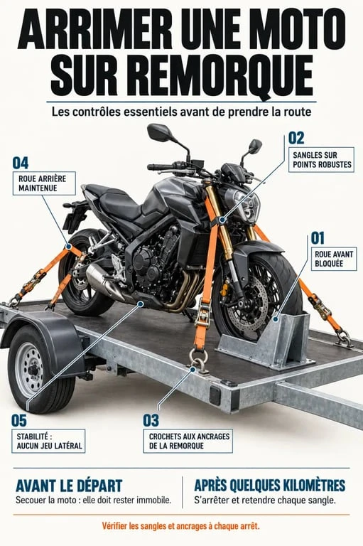 Remorquage moto : schéma des points d'arrimage et des contrôles de stabilité