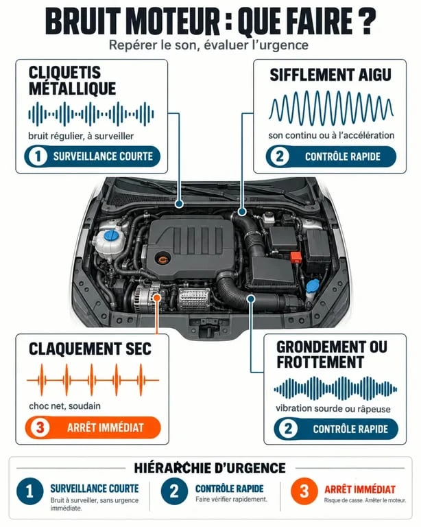 Infographie sur le bruit moteur d'une voiture, les causes possibles et les niveaux d'urgence