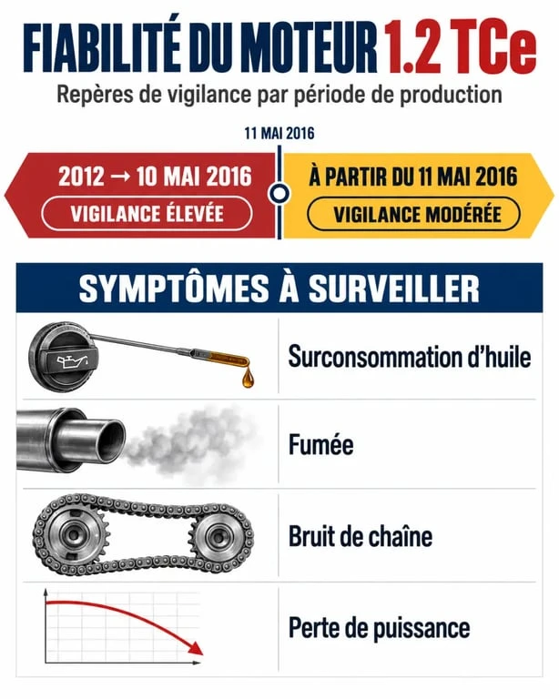 Infographie sur la fiabilité du moteur 1.2 TCe selon l’année de fabrication et les symptômes