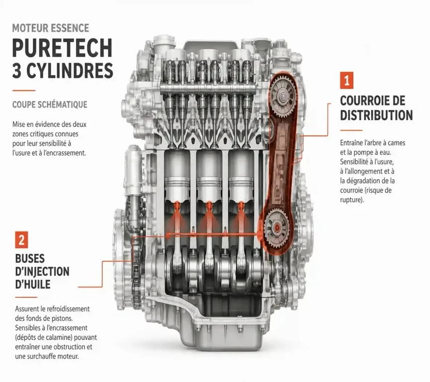 Schéma du moteur PureTech concerné par le rappel Stellantis montrant la courroie de distribution et les buses