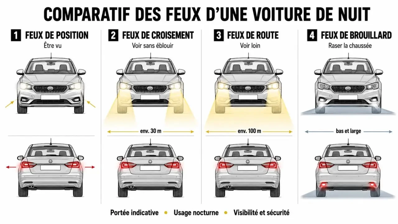 Les feux voitures : tableau comparatif des feux de position, croisement, route et brouillard