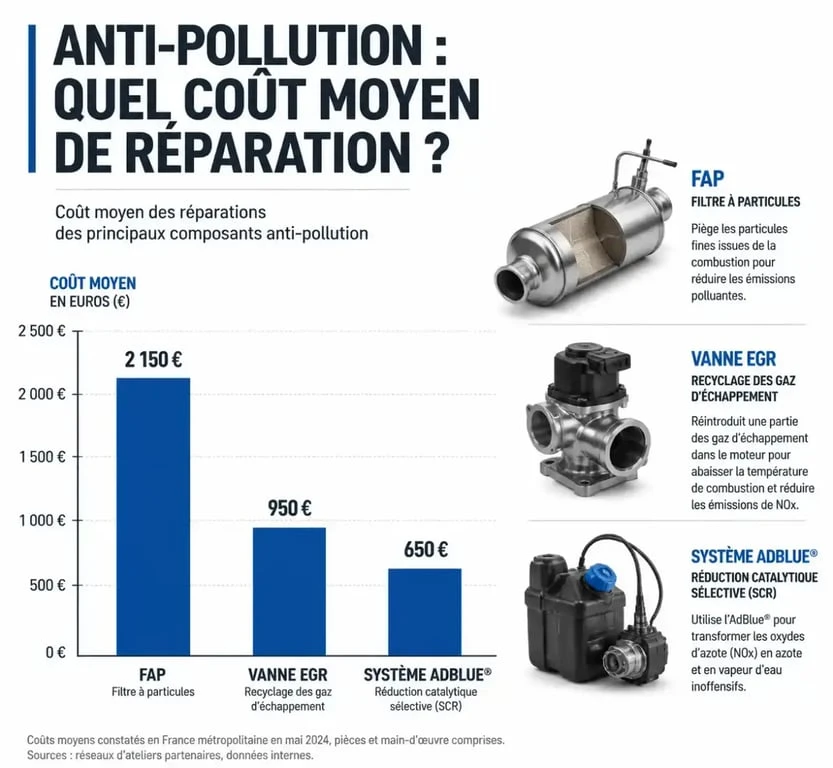 Graphique des coûts de réparation pour un système anti-pollution défaillant et prix des pièces