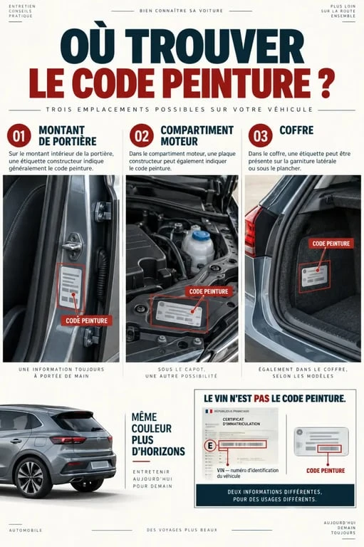 Couleur carte grise : emplacements du code peinture et repère E du VIN sur une voiture
