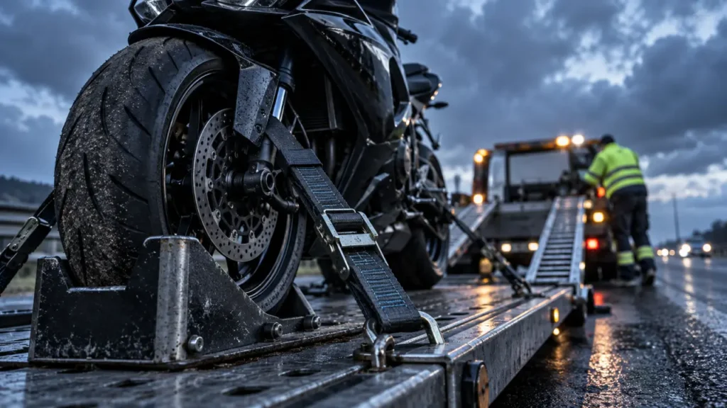 Remorquage moto : roue avant calée et sangles d’arrimage