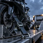 Remorquage moto : roue avant calée et sangles d’arrimage