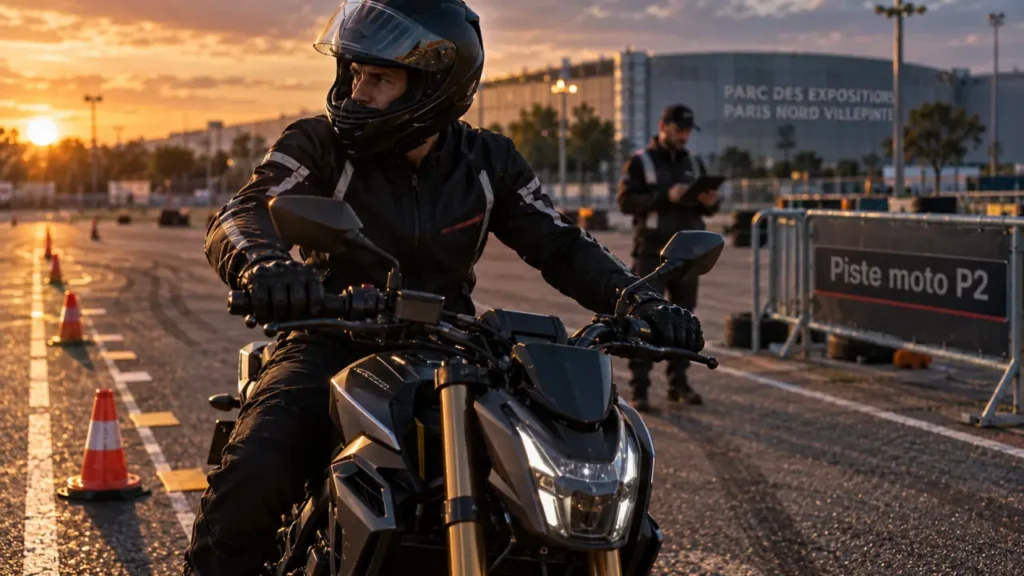 Piste moto French permis à Villepinte P2, élève en formation moto