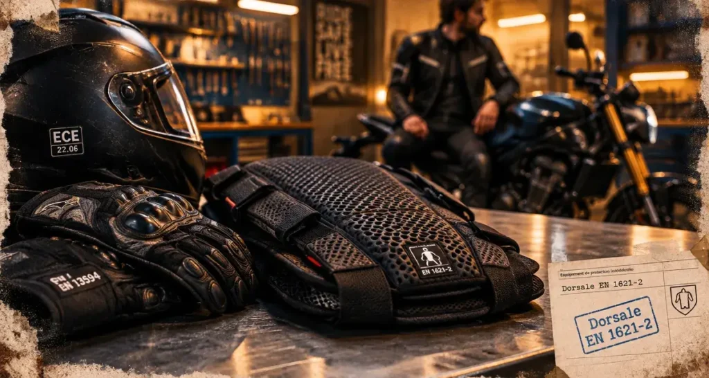 Protection motard : dorsale EN 1621-2 sur établi, gants et casque homologués