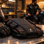 Protection motard : dorsale EN 1621-2 sur établi, gants et casque homologués