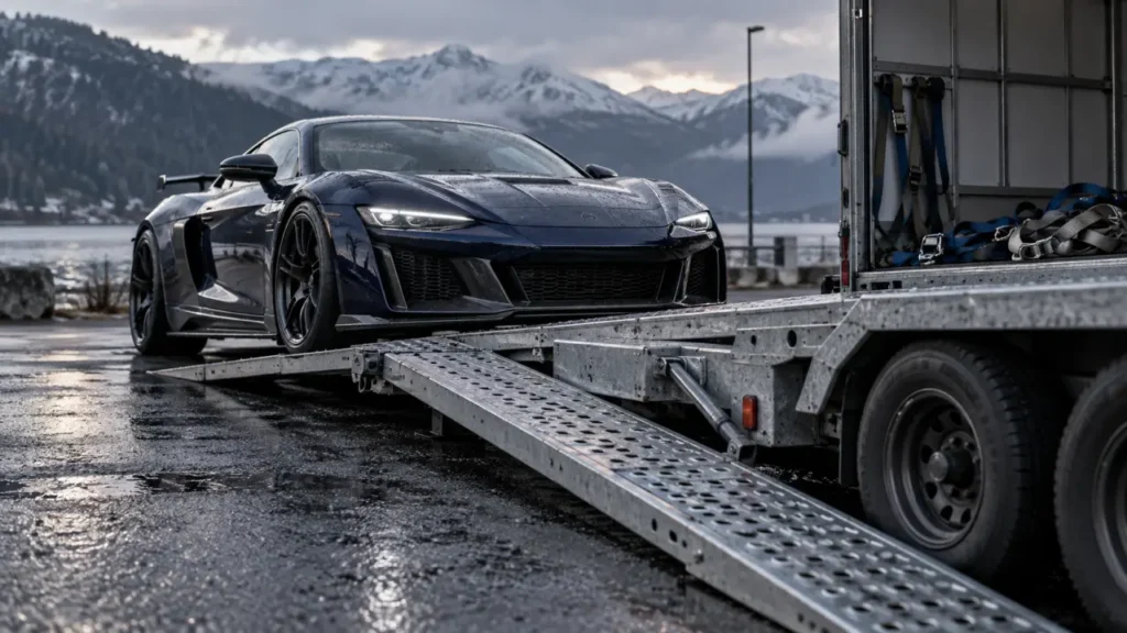 Remorque pour transporter une voiture basculante, rampes et voiture en chargement