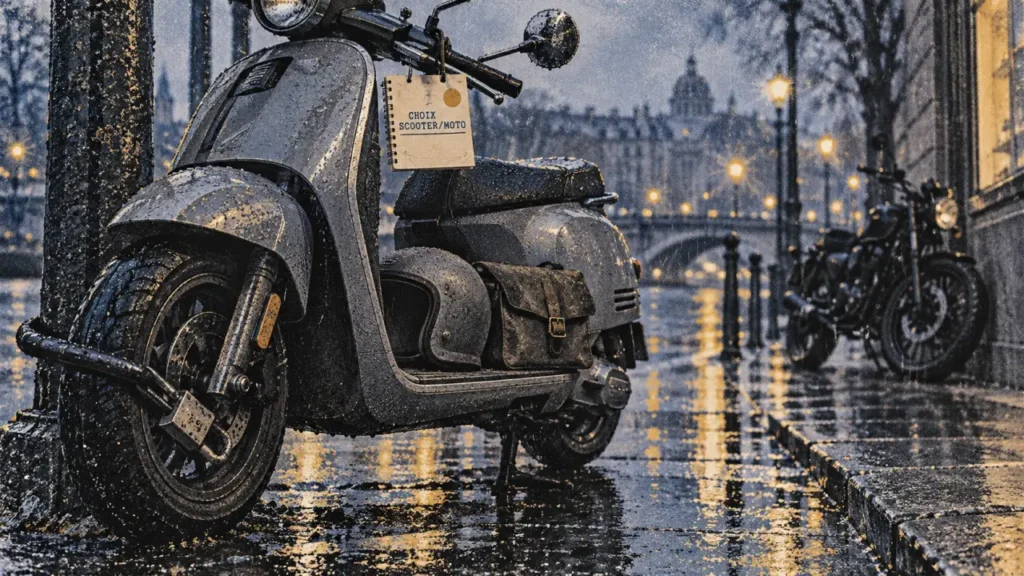 Scooter ou moto : scooter urbain gris sous la pluie, casque et sacoche