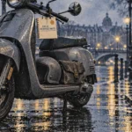 Scooter ou moto : scooter urbain gris sous la pluie, casque et sacoche